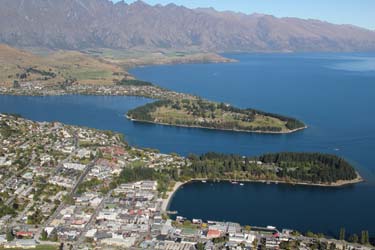 View of Queenstown, Lake Wakatipu and the Remarkables mountain range from gondola top station.  South Island, New Zealand