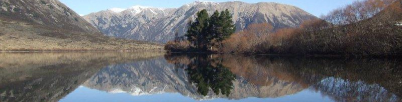Lake Pearson reflection. Between Christchurch and Arthur's Pass, South Island, New Zealand
